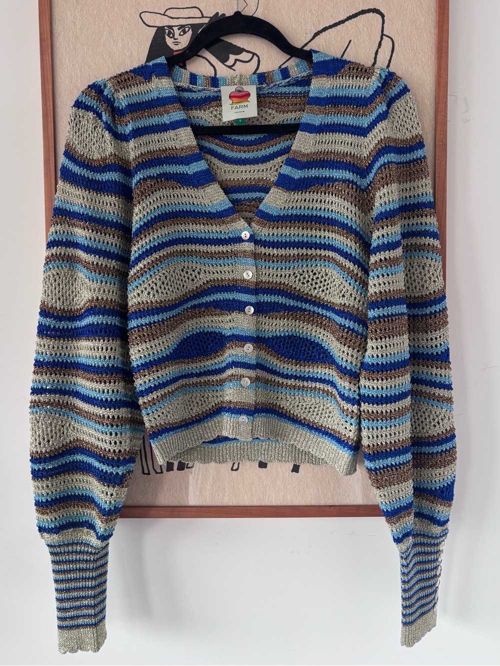 FARM Rio Striped Crochet V‑Neck Cardigan in Blue, Beige, Brown & Gold.